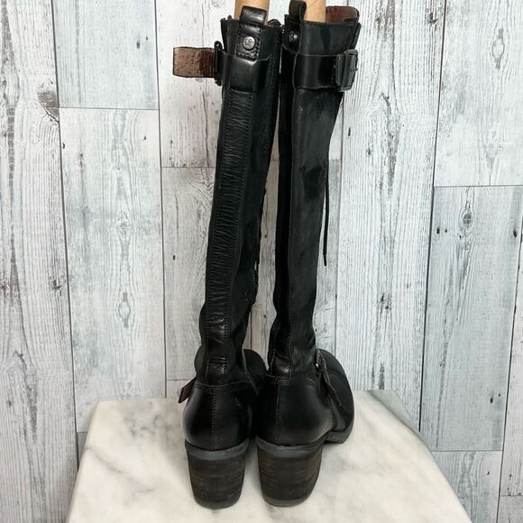 Donald J Pliner black leather distressed patch lace up tall Dnali boots size 8.5 - Picture 10 of 13